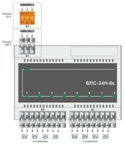 Схема подключения блока питания БПС-24Н-8к 