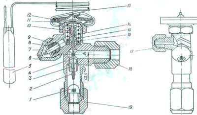 Рис.1. Чертеж термовентиля 13ТРВН-1, где: 1 - фильтр, 2 - клапан, 3 - сопло, 4 - корпус, 5 - термобаллон, 6 - колпачковая гайка, 7 - ходовой винт, 8 - гайка, 9 - кольцо, 10 - втулка, 11 - месбрана, 12 - термочувствительная пластина, 13 - капиллярная трубка, 14 - шток, 15 - пружина, 16 - втулка ходовая, 17,18, 19 - накидные гайки