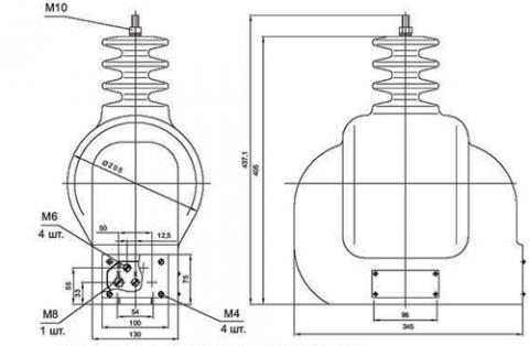 Рис.1. Габаритные и присоединительные размеры трансформатора напряжения ЗНОЛ-6