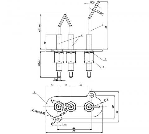 Рис.1. Чертеж блока электродов розжига и контроля пламени 1443-620