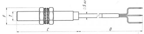 Рис.1. Чертеж датчика ДТК-1, где: С - длина корпуса датчика, мм D - длина кабеля, м, T - диаметр резьбы, мм,  F - диаметр основной окружности гайки, мм