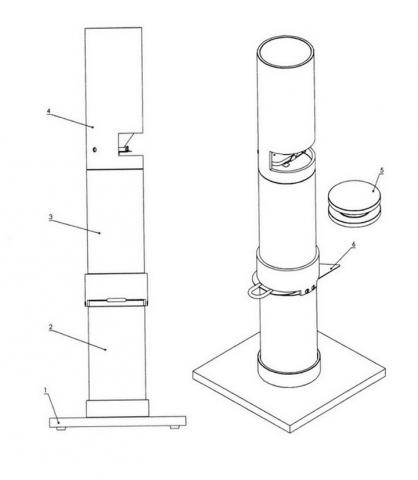 Рис.1. Чертеж пурки ПХ-3, где: 1.Стол ; 2. Мерка; 3.Наполнитель; 4.Цилиндр насыпки; 5.Падающий груз; 6.Нож; 7. Сумка для переноски (с отсеком для весов). Рис.1. Чертеж пурки ПХ-3, где: 1.Стол ; 2. Мерка; 3.Наполнитель; 4.Цилиндр насыпки; 5.Падающий груз; 6.Нож; 7. Сумка для переноски (с отсеком для весов).